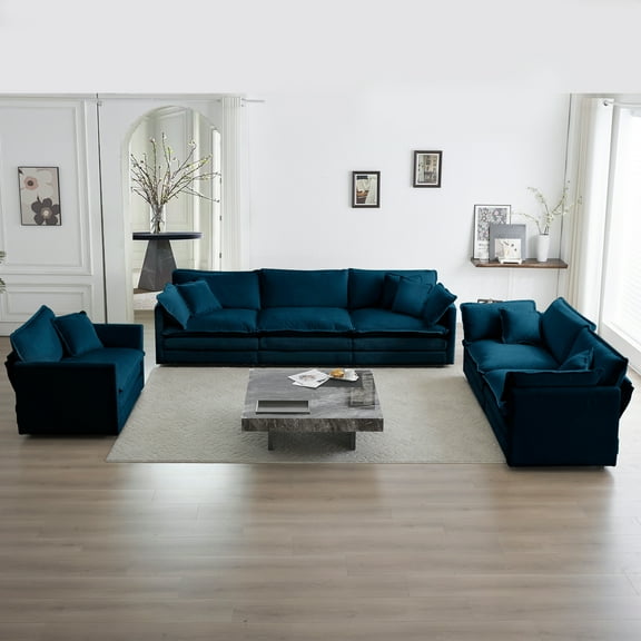 Modern Oversized Sectional Sofa 3-Piece Set in Blue Chenille, Deep Seat Couch for Living Room with Loveseat and Chair