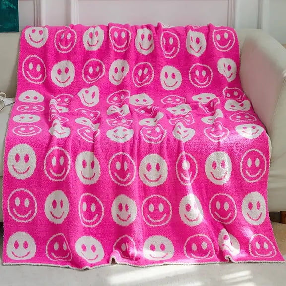 PacificPlex Plush Soft Smile Happy Face Blanket Reversible (50 x 60, Hot-Pink)