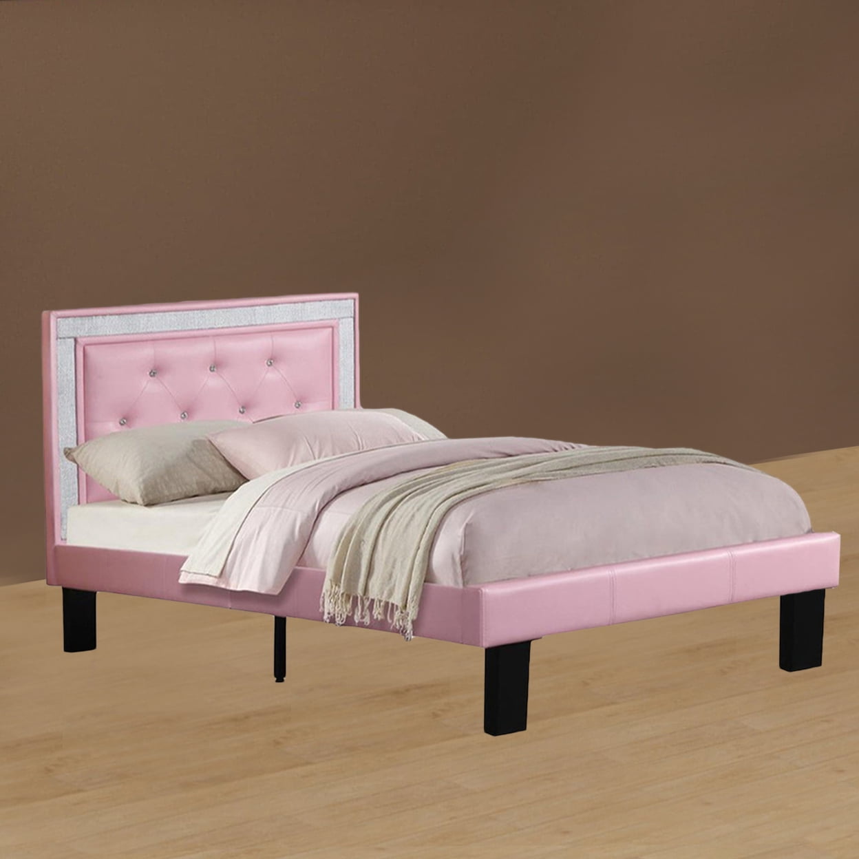 Silky And Sheeny Wooden Full Bed With Pink PU Tufted Head Board, Pink Finish - Saltoro Sherpi