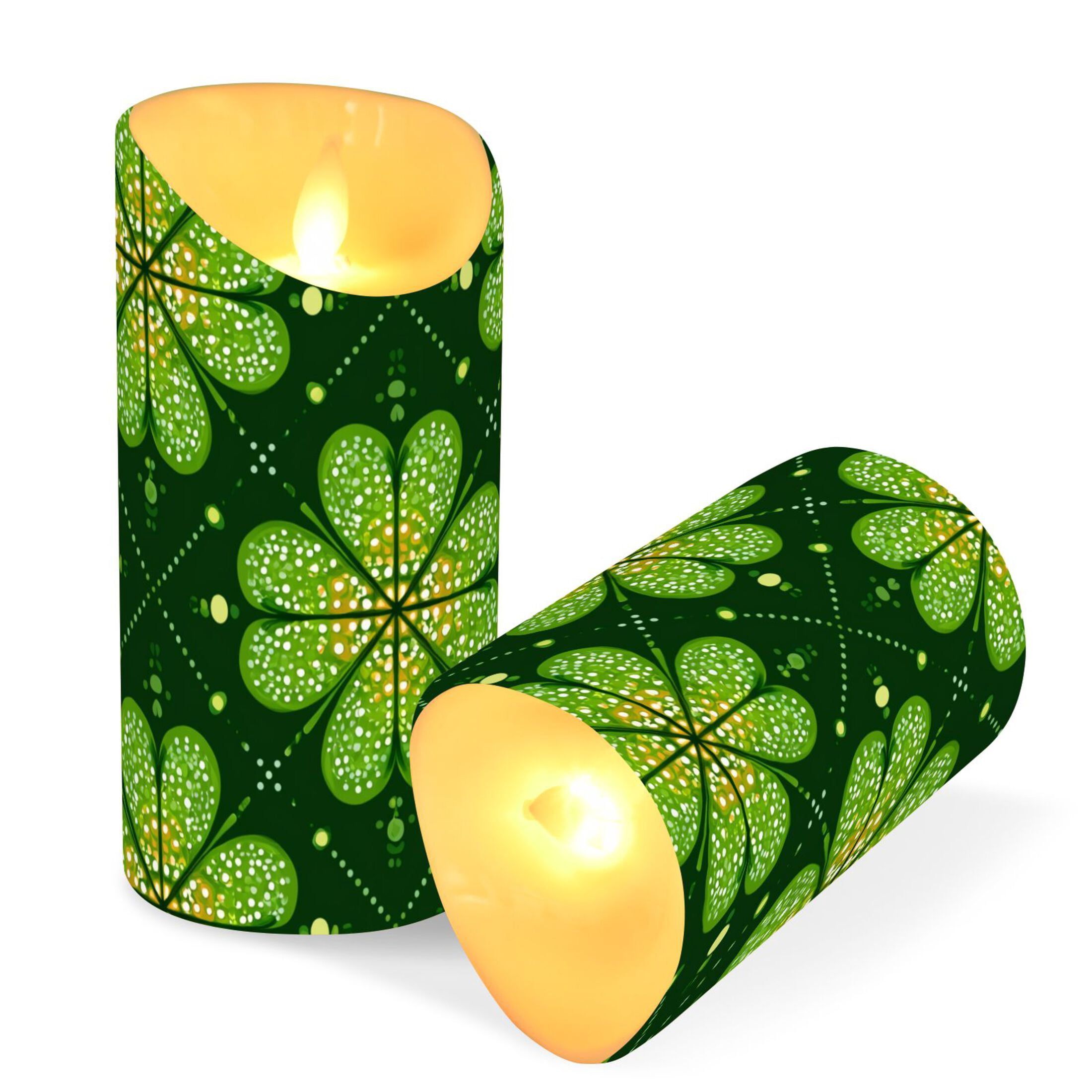Clovers on Grids St Patricks Day Flickering Flameless Candles with Remote Timer Battery Operated LED Tealight Set of 2 M