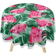 SKYSONIC Watermelon Round Tablecloth 60inch Indoor Wrinkle Free, Summer Tropical Leaves Circular Lace Table Cover Washable for Kitchen Party BBQ Dining Decor