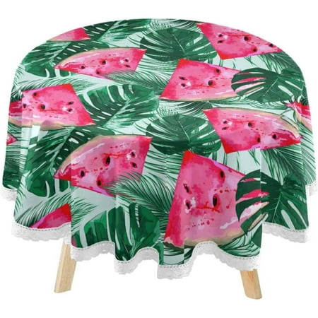 SKYSONIC Watermelon Round Tablecloth 60inch Indoor Wrinkle Free, Summer Tropical Leaves Circular Lace Table Cover Washable for Kitchen Party BBQ Dining Decor