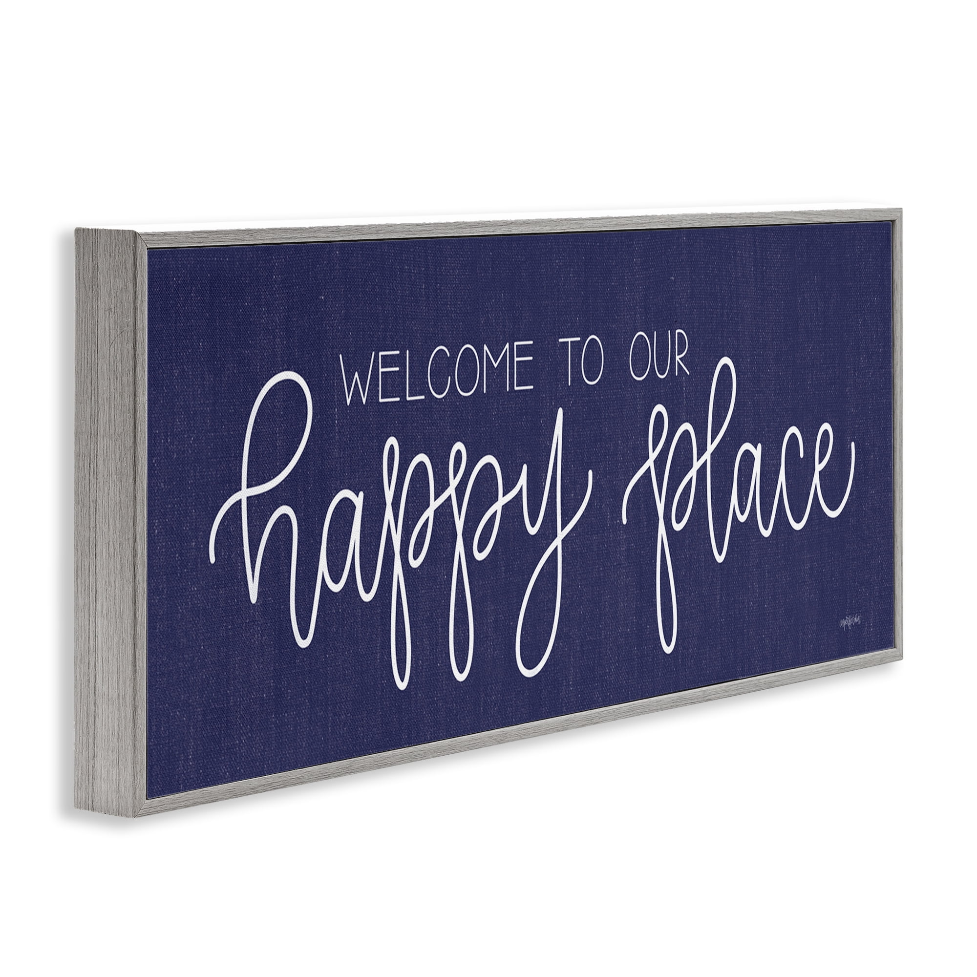 Stupell Industries Welcome Happy Place Typography Painting Gray Framed Art Print Wall Art, 24 x 10