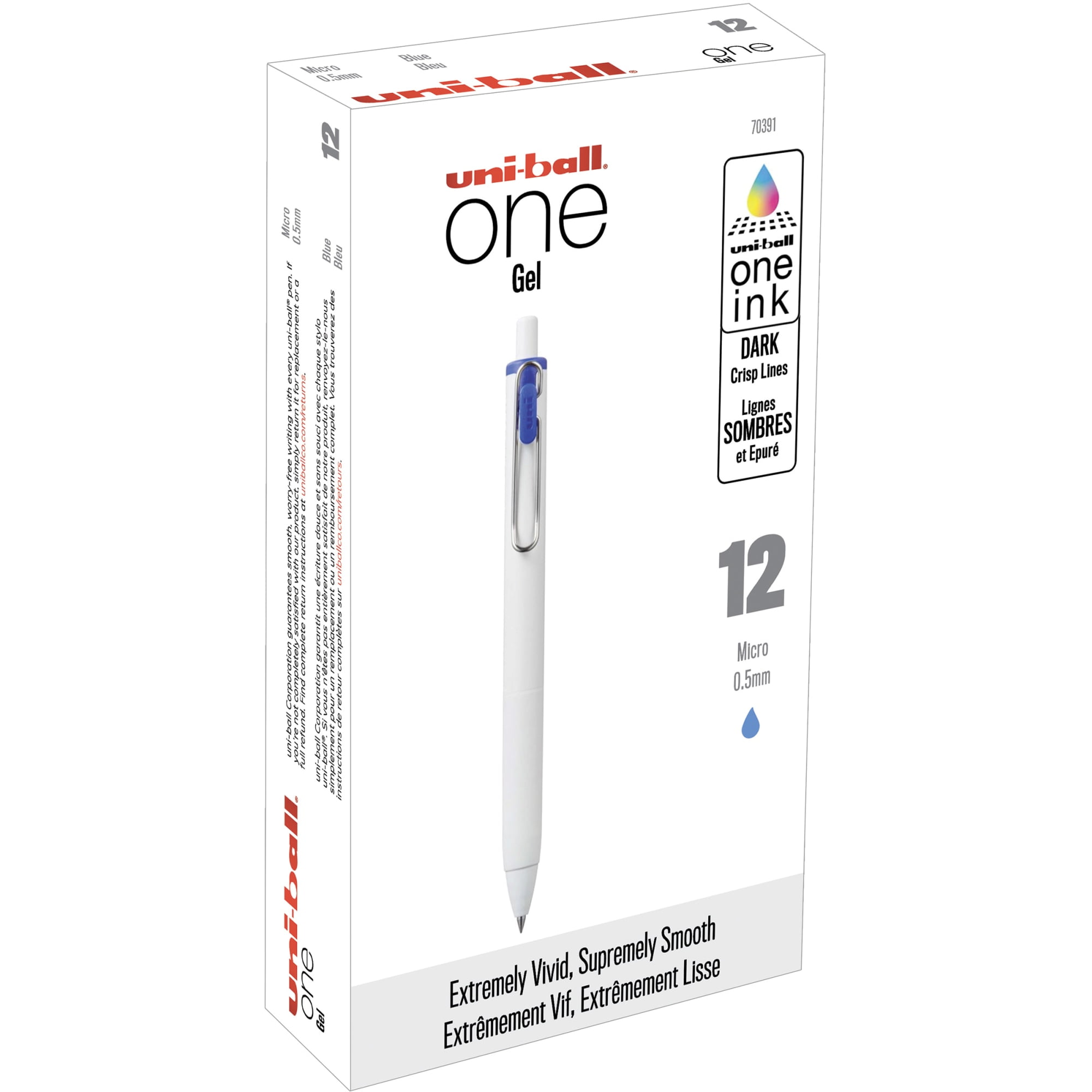 Uni-Ball® One Retractable Gel Pens, Micro Point, 0.5 mm, White Barrel, Blue Ink, Pack Of 12 Pens