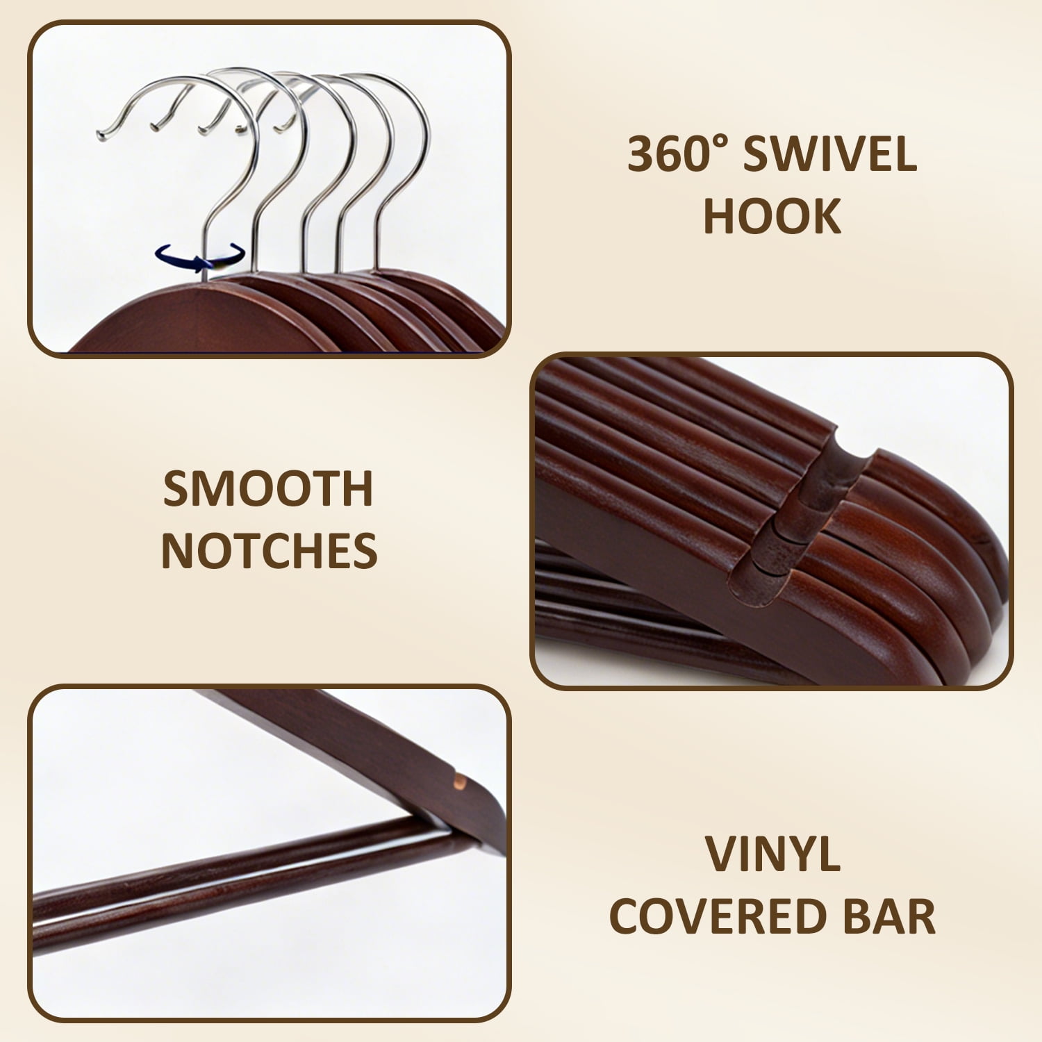 BagDream Wooden Coat Hangers 20 Pack Walnut Wood Suit Clothes Hangers with Non Slip Pant Bar & 360° Swivel Hook