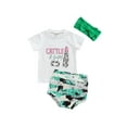 thumbnail image 1 of Summer Infant Baby Girl Clothes Set Short Sleeve Lettering T-shirt Casual Elastic Waist Shorts Bow Headband Clothes, 1 of 8