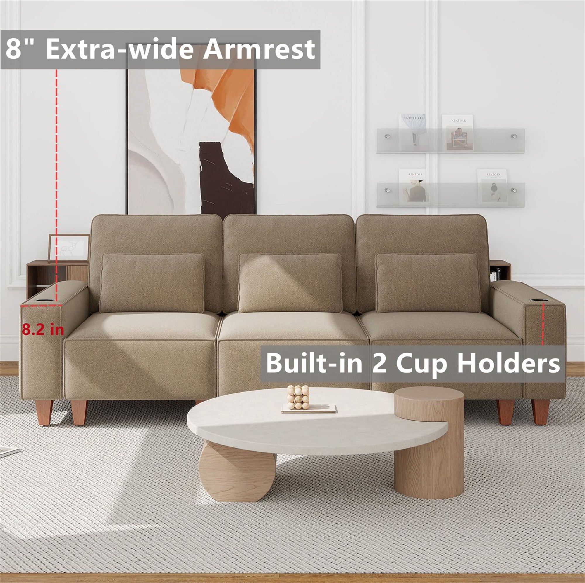 Aukfa 3 Piece Sofa Set - 99" Oversized 3 Seat Couch with Cup Holders&Pillows, Chenille, Khaki