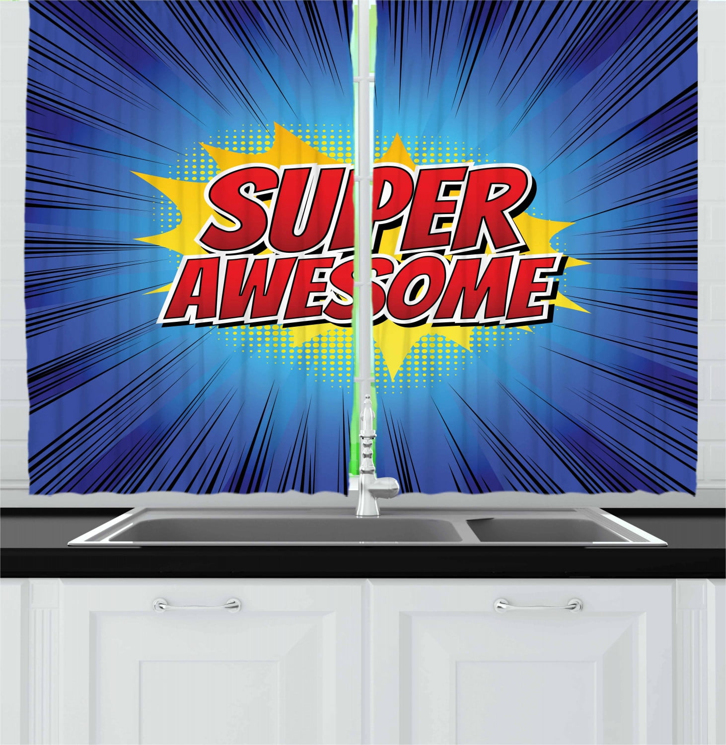 Motivational Curtains 2 Panels Set, Comic Book Design with Half Tone and Lines Background Super Awesome Quote, Window Drapes for Living Room Bedroom, 55W X 39L Inches, Red Blue Yellow, by Ambesonne