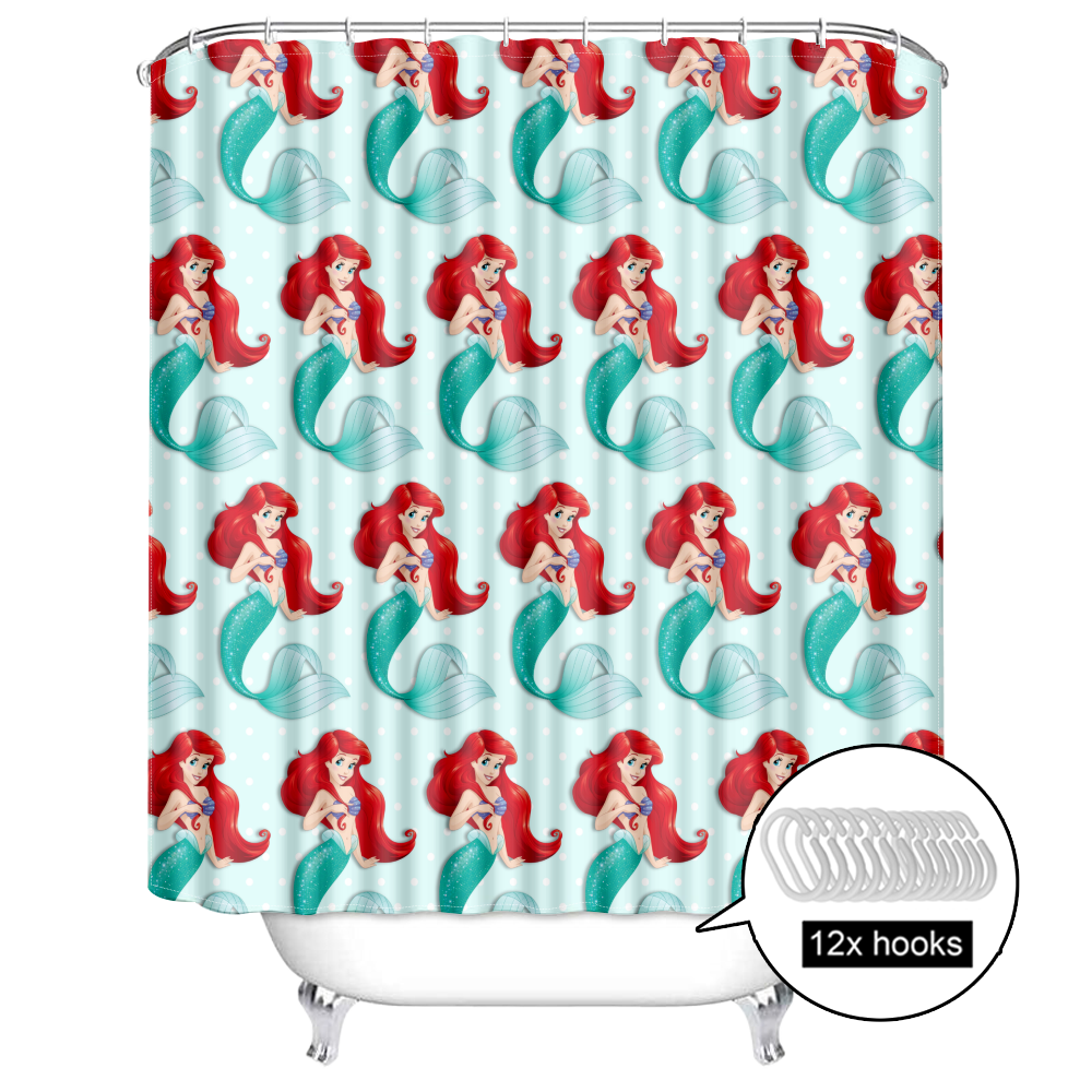 Little Mermaid Ariel 3D Shower Curtain with 12 Hooks, Fabric Cloth