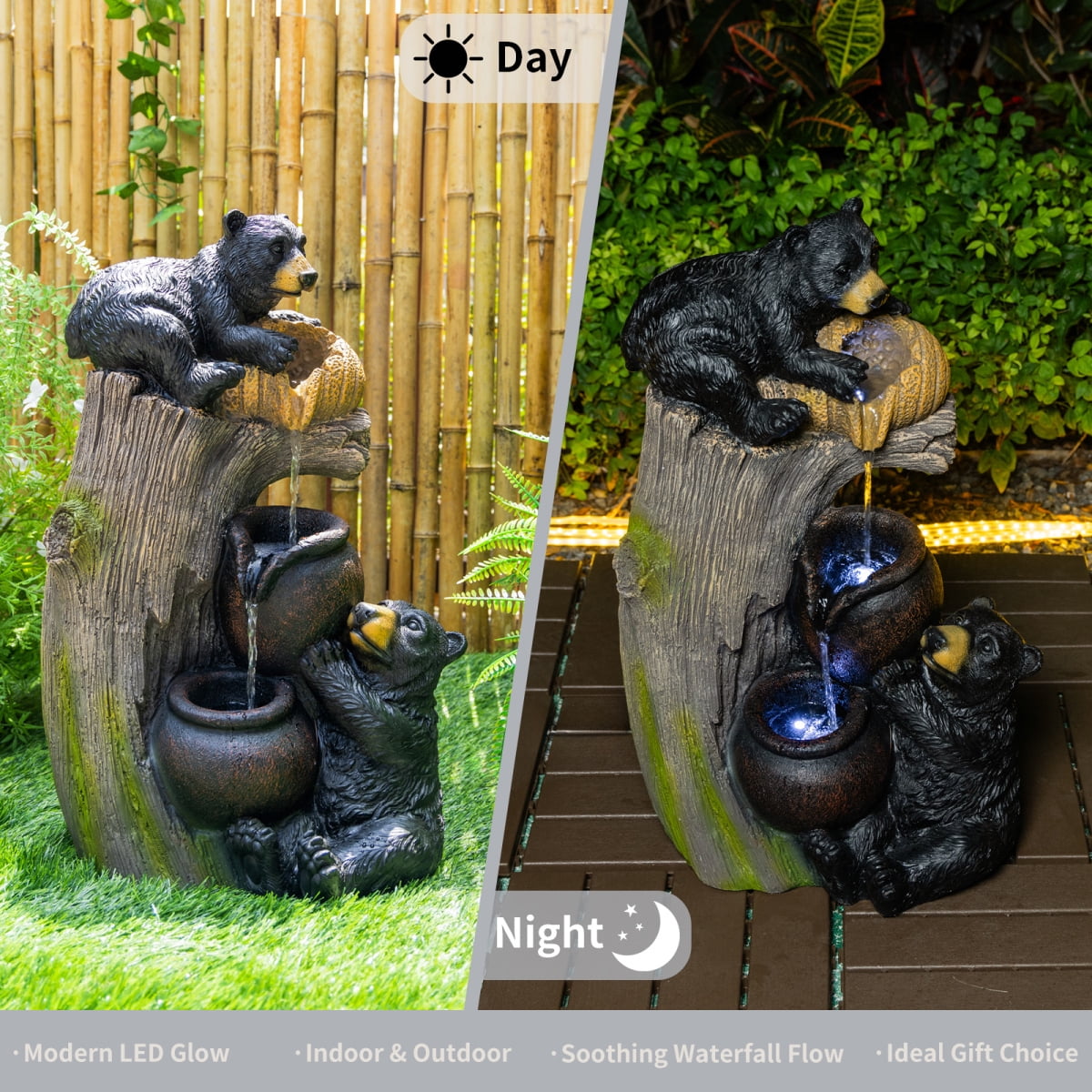 Bear Outdoor Water Fountain with LED Lights Cascading 23.62 Inch Garden Decor for Patio Yard Balcony