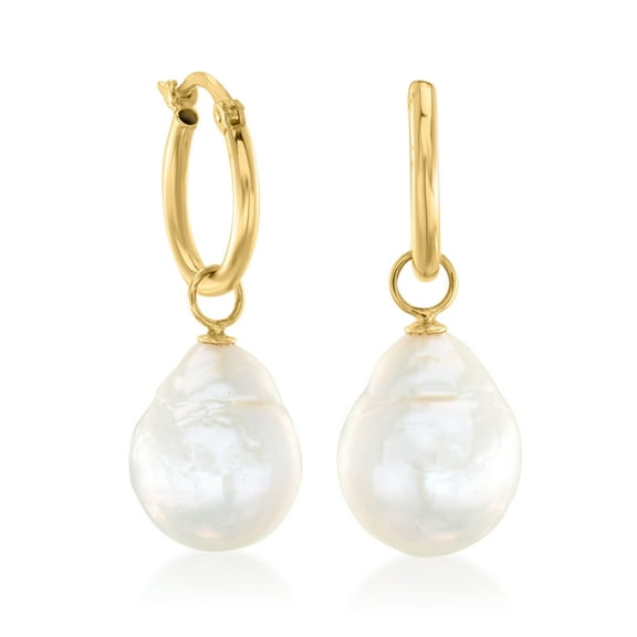 Ross-Simons 12x10mm Cultured Baroque Pearl Hoop Drop Earrings in 14kt Yellow Gold, Women's, Adult