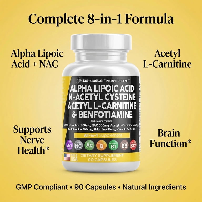 Alpha Lipoic Acid 600mg N-Acetyl Cysteine 600mg Acetyl L-Carnitine 500mg Benfotiamine 300mg - Nerve Support Supplement for Women and Men with Vitamin B1 B6 & B12 - Made in USA 90 Caps - Alpha Lipoic Acid 600mg N-Acetyl Cysteine 600mg Acetyl L-Carnitine 500mg Benfotiamine 300mg - Nerve Support Supplement for Women and Men with Vitamin B1 B6 & B12 - Made in USA 90 Caps -