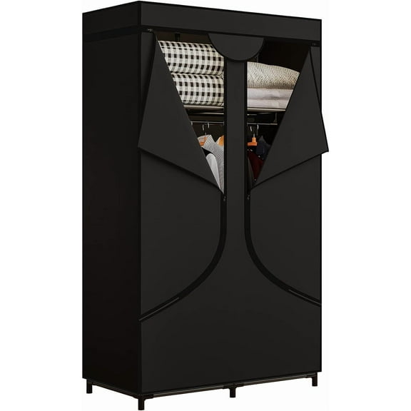 Portable Wardrobe Closet Storage Organizer Metal Hanging Rack Non-Woven Fabric 34 Inch Black