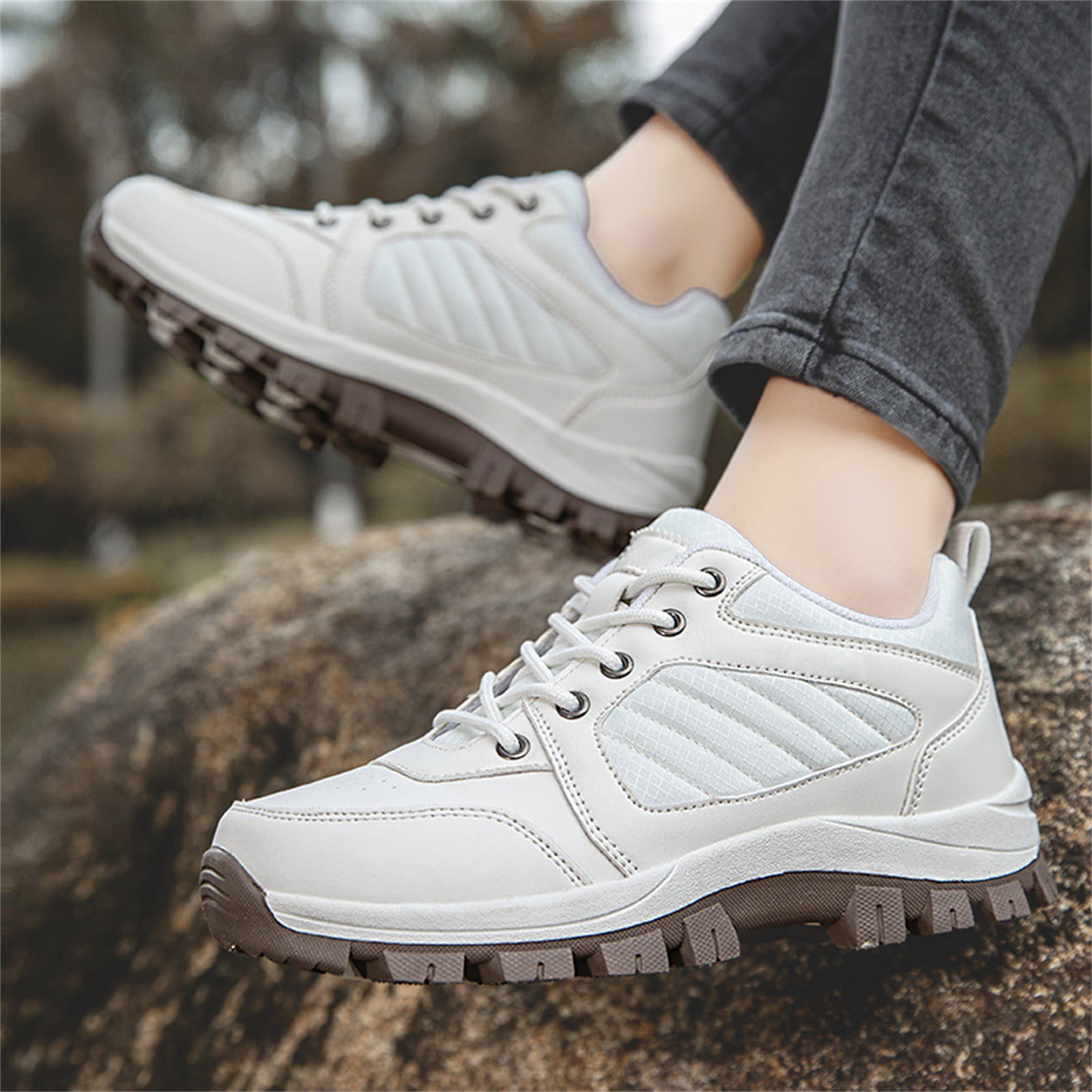 XIMIN Men Women's Hiking Boots Lightweight Breathable Non-Slip Waterproof Casual Low-Top Sneakers for Trailing Trekking Outdoor Leather Walking Shoes (7.5, White)