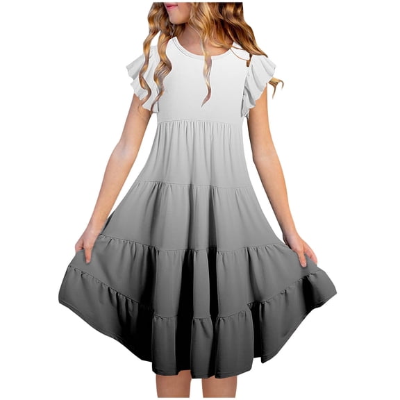 Nskgu Girls Swing Sundress,Girl's Dresses Cotton Ruffle Sleeve Tiered Swing A-Line Cute Midi Casual Sundress Boho Sun Dress