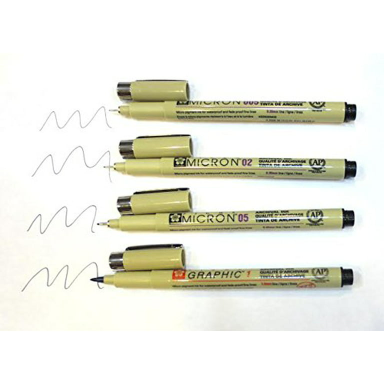 Set of 4 Black Sakura Pigma Micron Pens - 005, 02, 05 and Graphic #1 