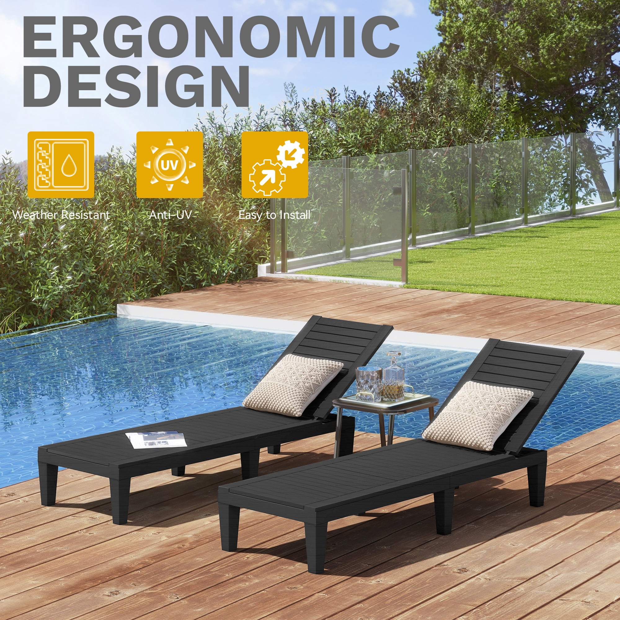 Uforic 2 Pcs Patio Chaise Lounge Chairs, Easy Assembly & Lightweight, Adjustable Outdoor Lounge Chairs, Black