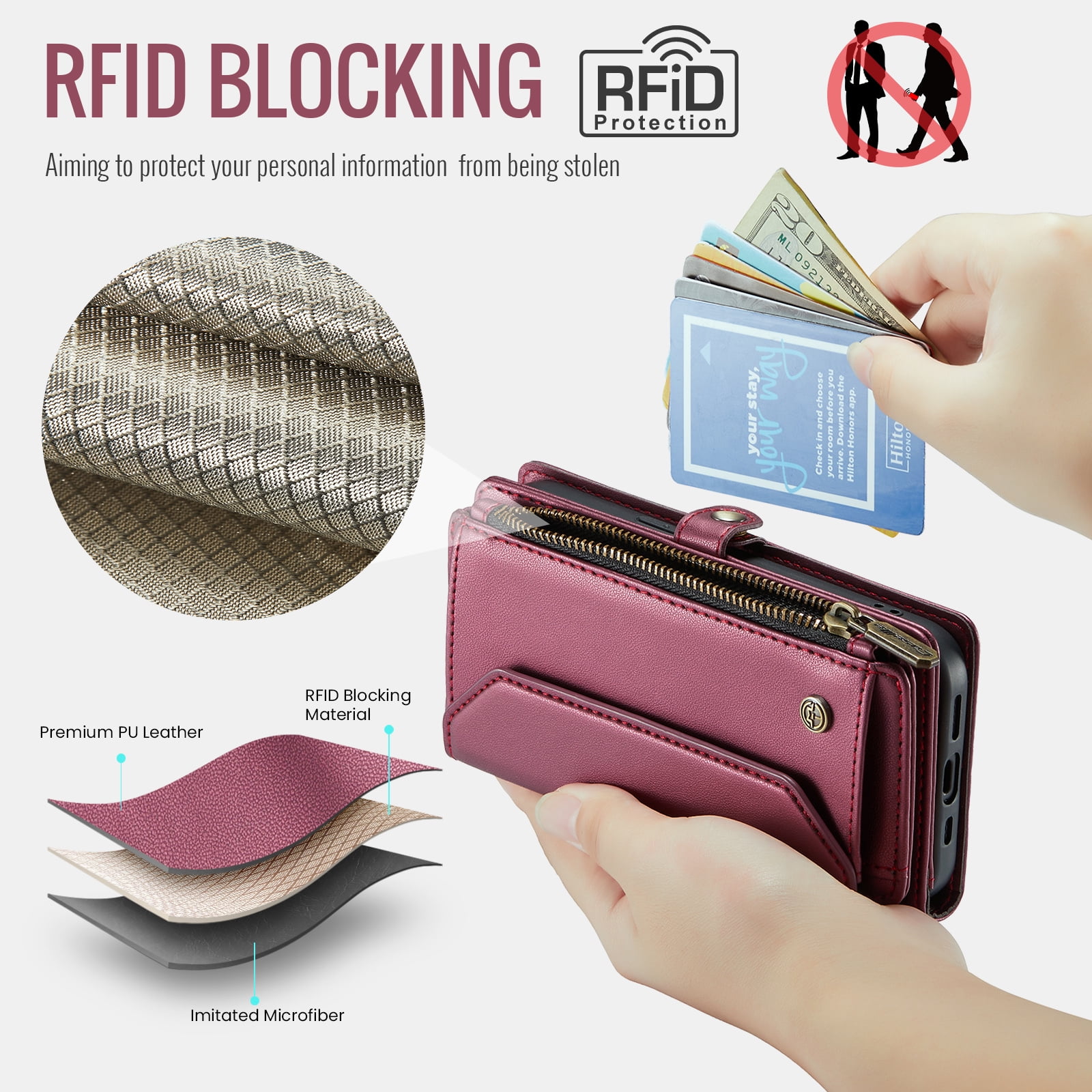 Dteck for iPhone 11 Pro Case with RFID Blocking Wallet Case for Women Men, Shockproof PU Leather Magnetic Flip Strap Zipper Card Holder Phone Case,Winered