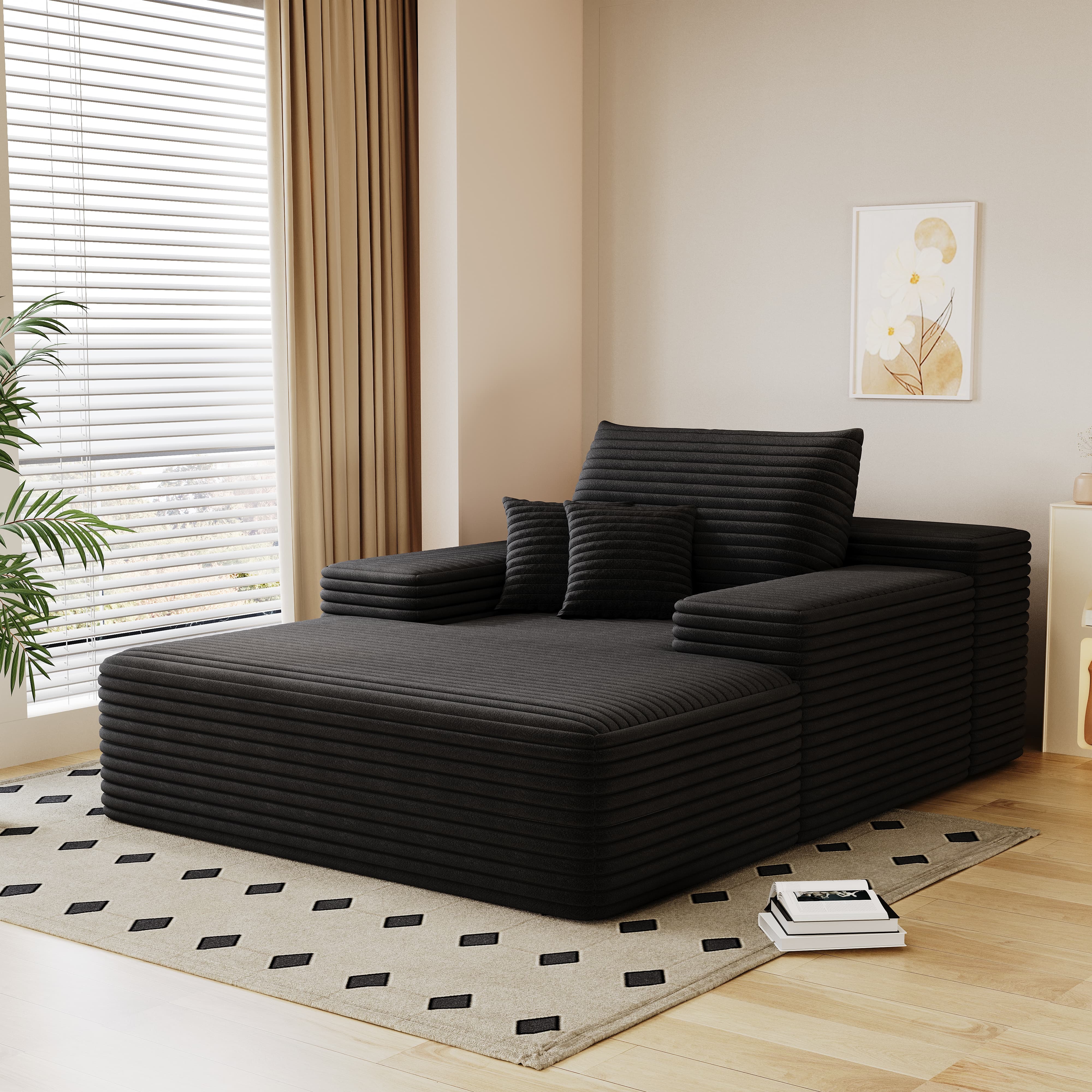 Leumius Oversized Chaise Lounge Chair Indoor Furniture, No Assembly Required, Plush Corduroy Upholstered Sofa Bed Cozy Sleeper Couch for Living Room, Bedroom, Black