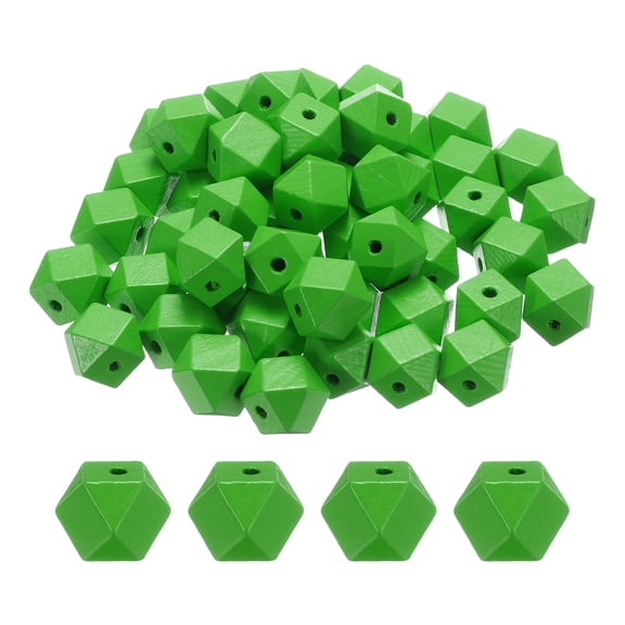 Uxcell 50pcs 16mm Deep Green Geometric Wood Beads 3.6mm Large Hole Polygon Wooden Loose Spacer Beads for Jewelry Making Necklace Bracelets DIY Crafts Macrame Handmade Decorations