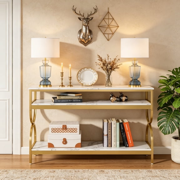 Fnova 55.11" 3-Tier Console Table, Heavy Duty Marble Veneer Top Sofa Table with Curved Metal Frame, Entryway Hallway Living Room Decor Display Console Table