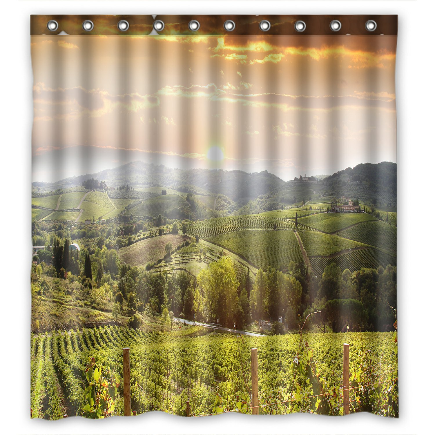 PHFZK Sunset View Shower Curtain, Chianti Vineyard Landscape in Tuscany