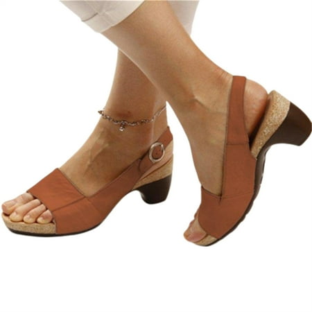 

Chunky Heel Sandals Fashion Breathable for Daily Casual Thick Heel Ladies Shoes 36 Brown