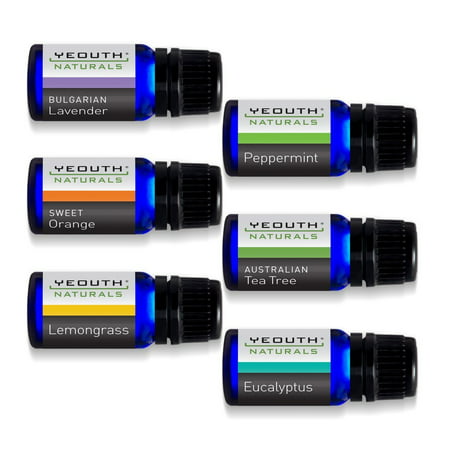 Yeouth Pure Essential Oils for Aromatherapy - Best Set of 6 - Australian Tea Tree Oil, Peppermint Oil, Eucalyptus Oil, Lavender Oil, Orange Oil, Lemongrass Oil use w/ Aroma Diffuser - 6 Pack of 0.33 Fl Oz