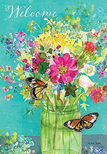 Mason Jar Zinnias Garden Flag Welcome Butterflies Flowers 2 Sided 12.5" x 18" 