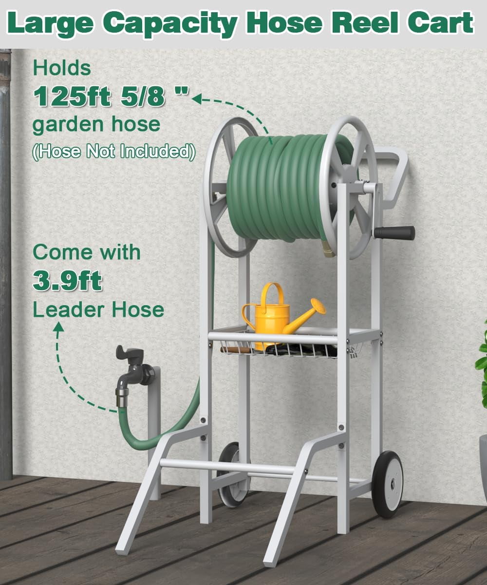 Hose Reel Cart with 2 Wheels, Garden Water Hose Holder Heavy Duty Powder Coated Steel Outdoor Winder Storage Holds 125 ft 5/8" Hoses with Basket and 3.9ft Leader Hose for Backyard, White