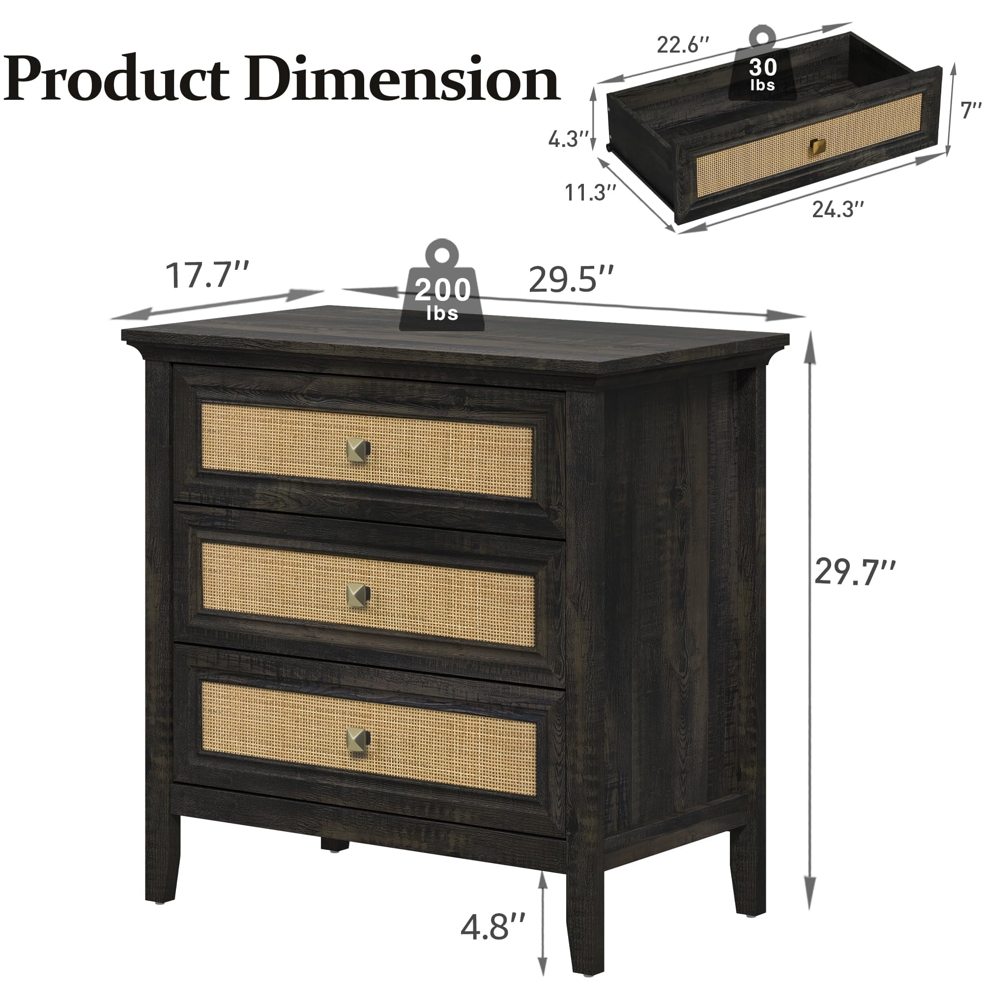 CozyHome 3 Drawer Nightstand, Rattan Dresser with Cane Drawers, Tall Boho Bedside Table for Bedroom, Living Room, Entryway, Hallway, Grey