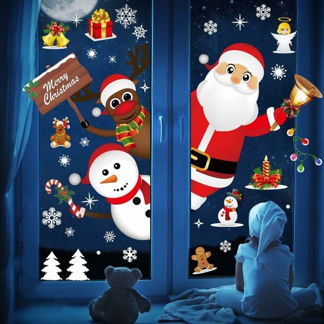 Pegatinas navideñas para ventanas, decoración navideña para ventanas, bricolaje, lindo reno de Papá Noel para Navidad, decoración para el hogar o la tienda, pegatinas estáticas extraíbles