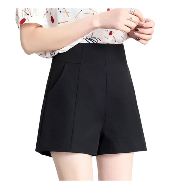 Minnieouse Primavera Verano cintura alta elegante Color sólido Casual A-line pantalones cortos sueltos pierna ancha traje Delgado señoras Prendas para la parte inferior del cuerpo Negro SG