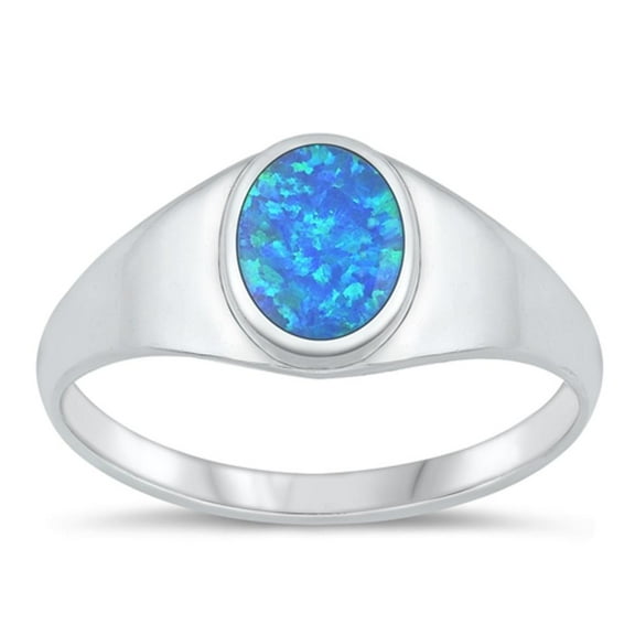 CHOOSE YOUR COLOR Blue Simulated Opal Signet Ring .925 Sterling Silver Band CZ Female Size 10