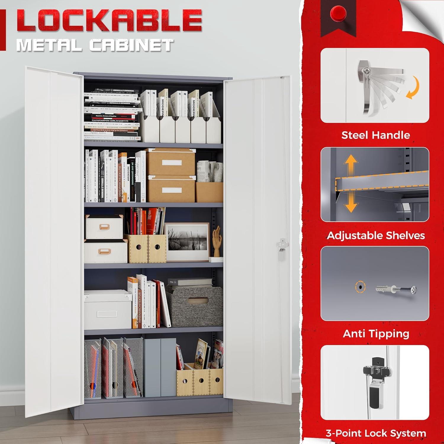 Pataku Garage Storage Cabinet Metal Locking Cabinet 5-Layer with Door Steel Multifunctional Storage Cabinet with 4 Adjustable Shelves, Tool Cabinets for Home, Office, Warehouse