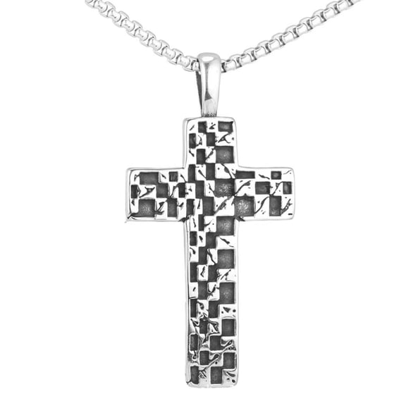 PAMTIER Vintage Mosaic Cross Necklace for Men Women Antique Black and White Pendant with Chain Stainless Steel Unique Religious Jewelry