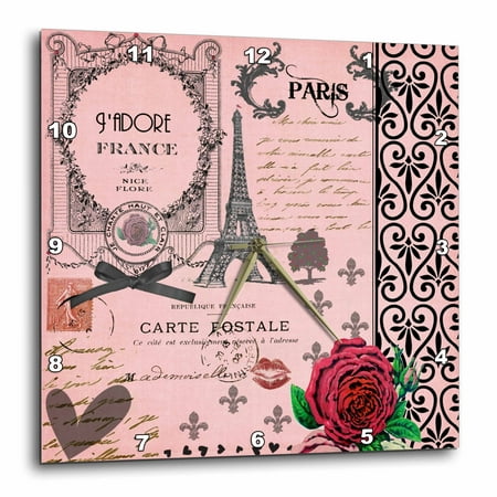 Rose Collage (3dRose Stylish Vintage Pink Paris Collage Art - Eiffel Tower - Red Rose - Girly Gothic Black Bow and swirls, Wall Clock, 10 by)