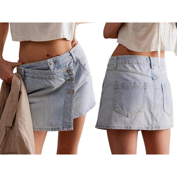 Women'S High Waisted Button Front Denim Skort Asymmetrical Hem Skirt Shorts Light Color M
