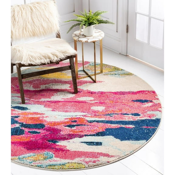 Rugs.com Hyacinth Collection Rug – 6 Ft Round Pink Medium Rug Perfect For Kitchens, Dining Rooms