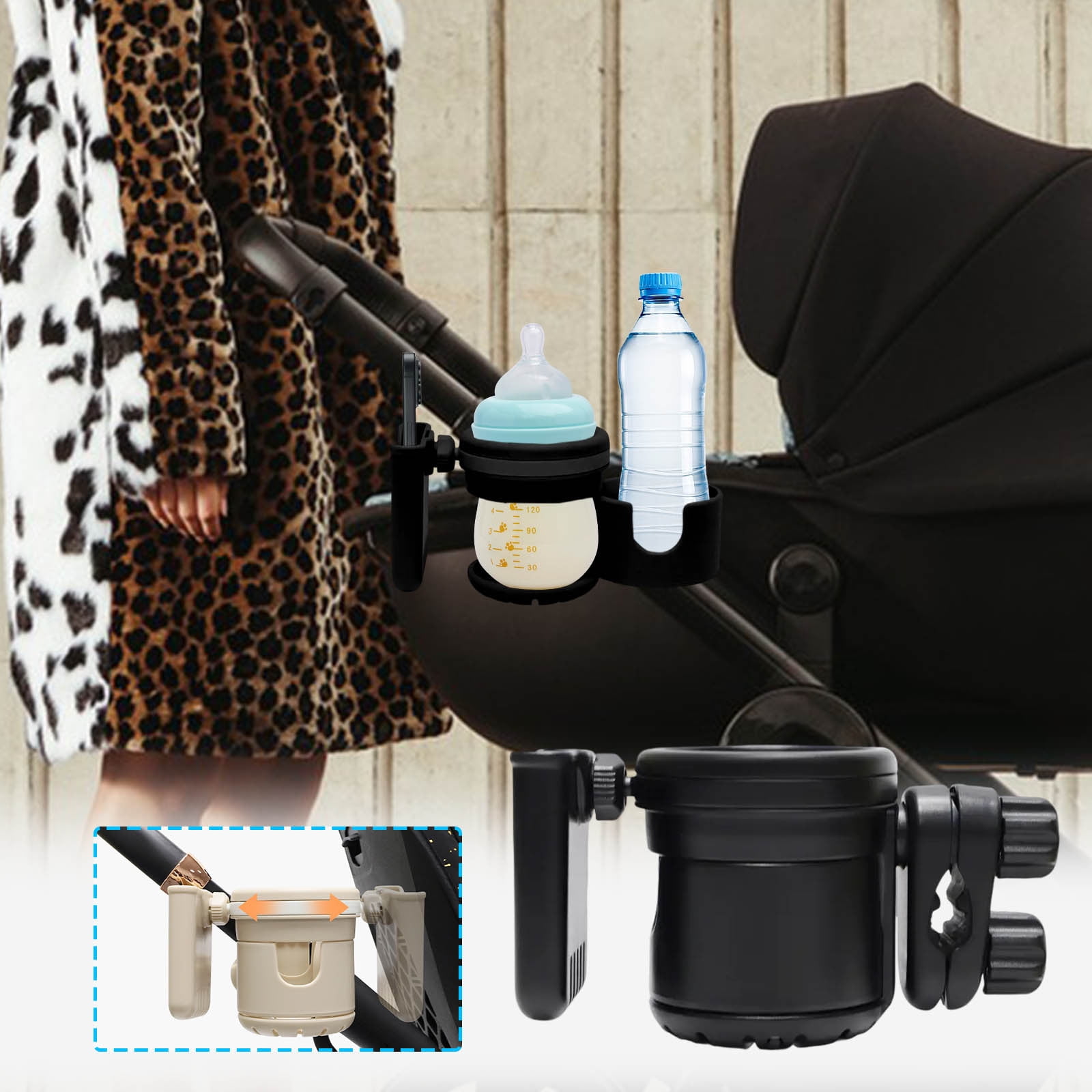 Weloille Cup Holder, Universal 2 in 1 Drink Holder Phone Mount, Stable Anti-Slip Adjustable Bracket, Multifunctional Organizer for Stroller Scooter Bicycle Outdoor Travel