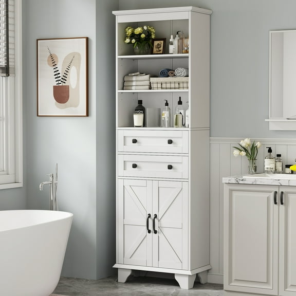Storage Cabinet, White Tall Cabinet with 2 Drawers, Farmhouse Bathroom Storage Cabinet for Bathroom, Bedroom, Living room，Laundry