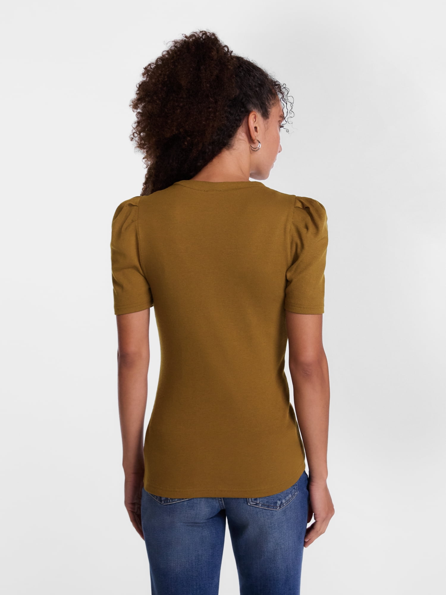 Scenario Women's V-Neck Henley Top with Short Puff Sleeves, Sizes XS-XXXL