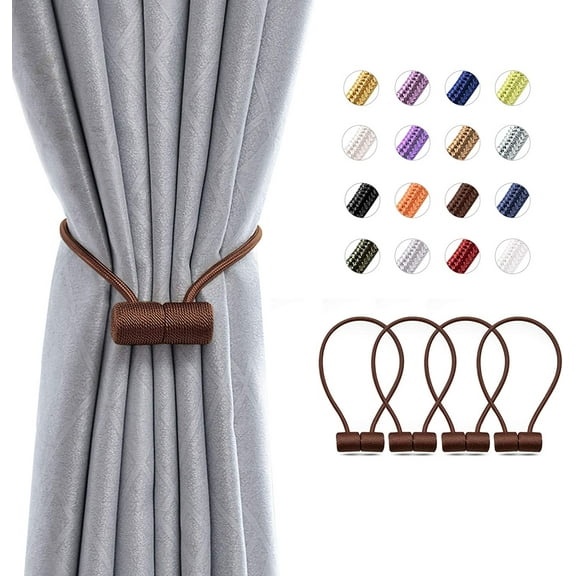 4 Pack Magnetic Curtain Tiebacks 16 Inch Modern Handmade Weave Rope Curtain Holdbacks Convenient Decorative Curtain Drape Tie Backs for Home and Office Window Drapery (Dark Brown)