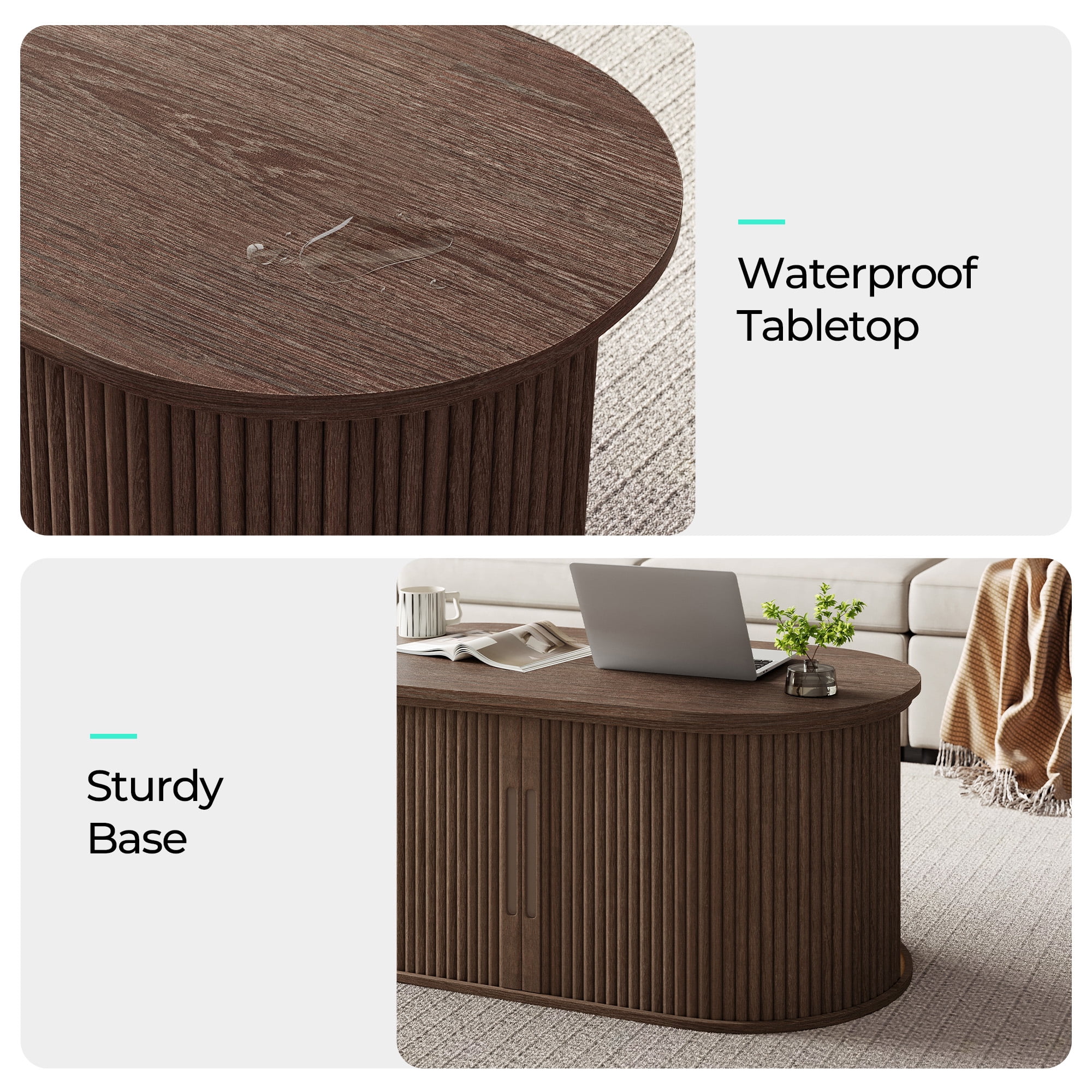 Linsy Home Lift Top Fluted Coffee Table with Storage, Mid-Century Coffee Table for Living Room with Sliding Tambour Door, Walnut