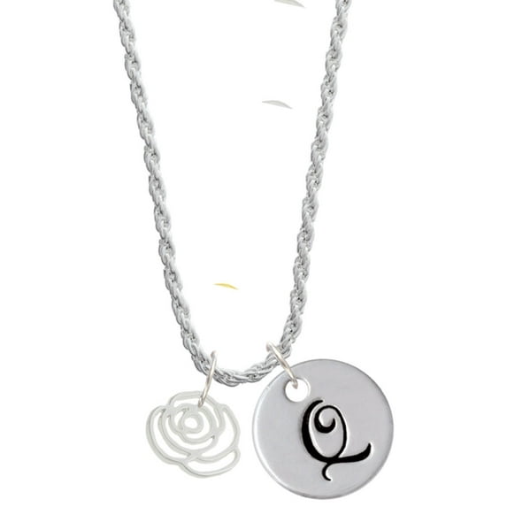 Delight Jewelry Silvertone Small Rose Outline Silvertone Script Initial Disc - Q - Charm Necklace, 20"+3"
