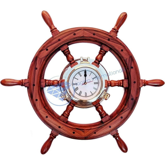 Nagina International Deluxe Teak Wood Premium Handcrafted Nautical Ship Wheel With Tarnish Resistant Ship's Brass Porthole Time's Clock | Lavish Elite Wall Decor | Monumental Corporate Gift