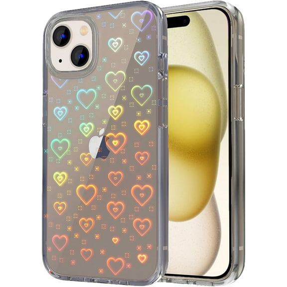Case Compatible iPhone 15 Case, Clear Glitter Cute Laser Holographic Love Heart Pattern for Women Girls, Anti-Yellow Hard PC Protective Phone Cover for iPhone 15 6.1-inch 2023, Light Black