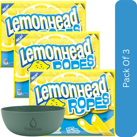 Lemonhead Ropes Candy, Lemon, Tart and Citrusy, Soft and Chewy, 9 oz Bag-3pk, With Olive Green Bowl By ValueNest
