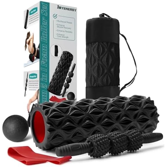 5 in 1 Foam Roller Set Trigger Point Foam Roller, Massage Roller Stick, Massage Ball, Stretching Strap for Deep Muscle Massage Pilates Yoga, Fitness Exercise for Whole Body (Black Diamond)