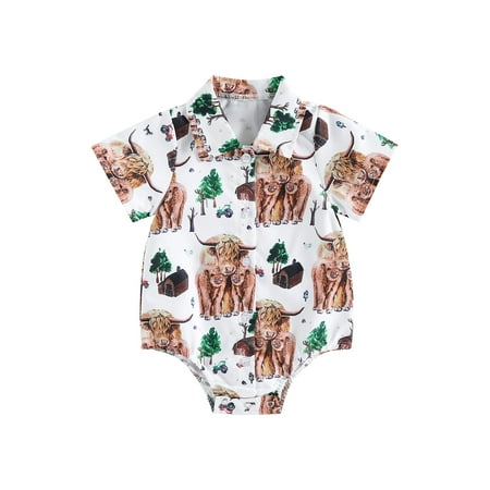 

Lamuusaa Western Baby Shirt Romper Short Sleeve Cow Print Button Up Lapel Bodysuit Newborn Clothes